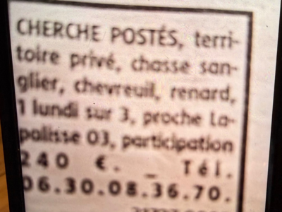 Recherche chasseurs postés – territoire privé près de Lapalisse (03)